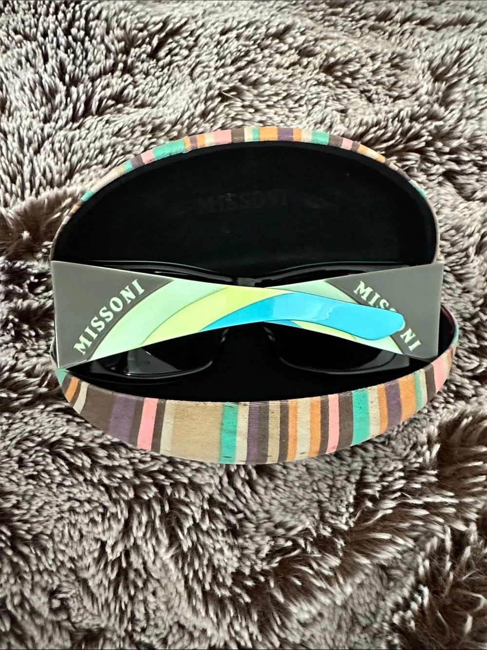Missoni Black Sunglasses with Multicolor Stripe Hard Case